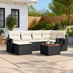 7 Piece Garden Sofa Set - Black Poly Rattan, Acacia Wood