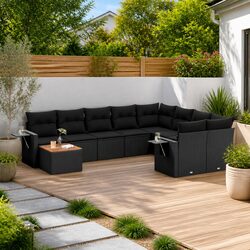 10-Piece Outdoor Sofa Set: Black Poly Rattan and Wood