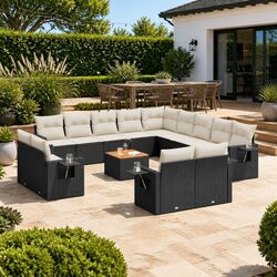 14 Piece Black Garden Sofa Set with Storage & Cushions
