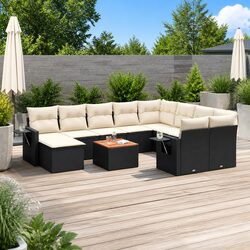 Garden Sofa Set 11 Piece Outdoor Patio Furniture Black Poly Rattan with Cushions