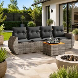 5-Piece Outdoor Sofa Set with Grey PE Rattan and Acacia Wood