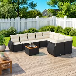 9 Piece Modular Garden Sofa Set with Black Rattan and Wood