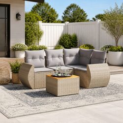 Garden Sofa Set 5 Piece Outdoor Furniture Patio Beige Poly Rattan with Cushions