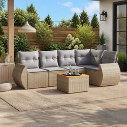 Outdoor Garden Sofa Set 6 Piece Beige Poly Rattan Patio Furniture with Cushions
