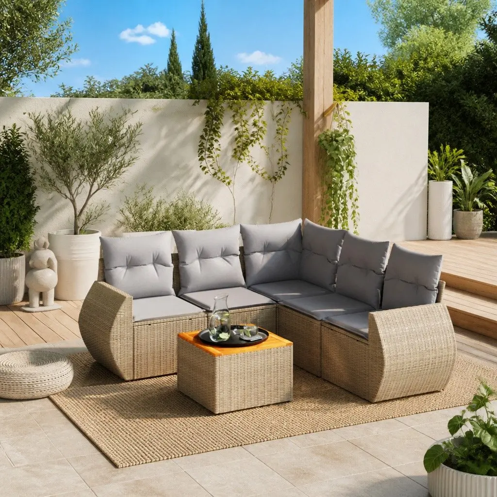 Garden Sofa Set Outdoor Furniture 6 Piece Beige Poly Rattan Patio Seating