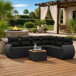 7-Piece Modular Garden Sofa Set - Black and Acacia