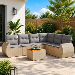 7 Piece Garden Sofa Set Outdoor Furniture Beige Poly Rattan with Cushions