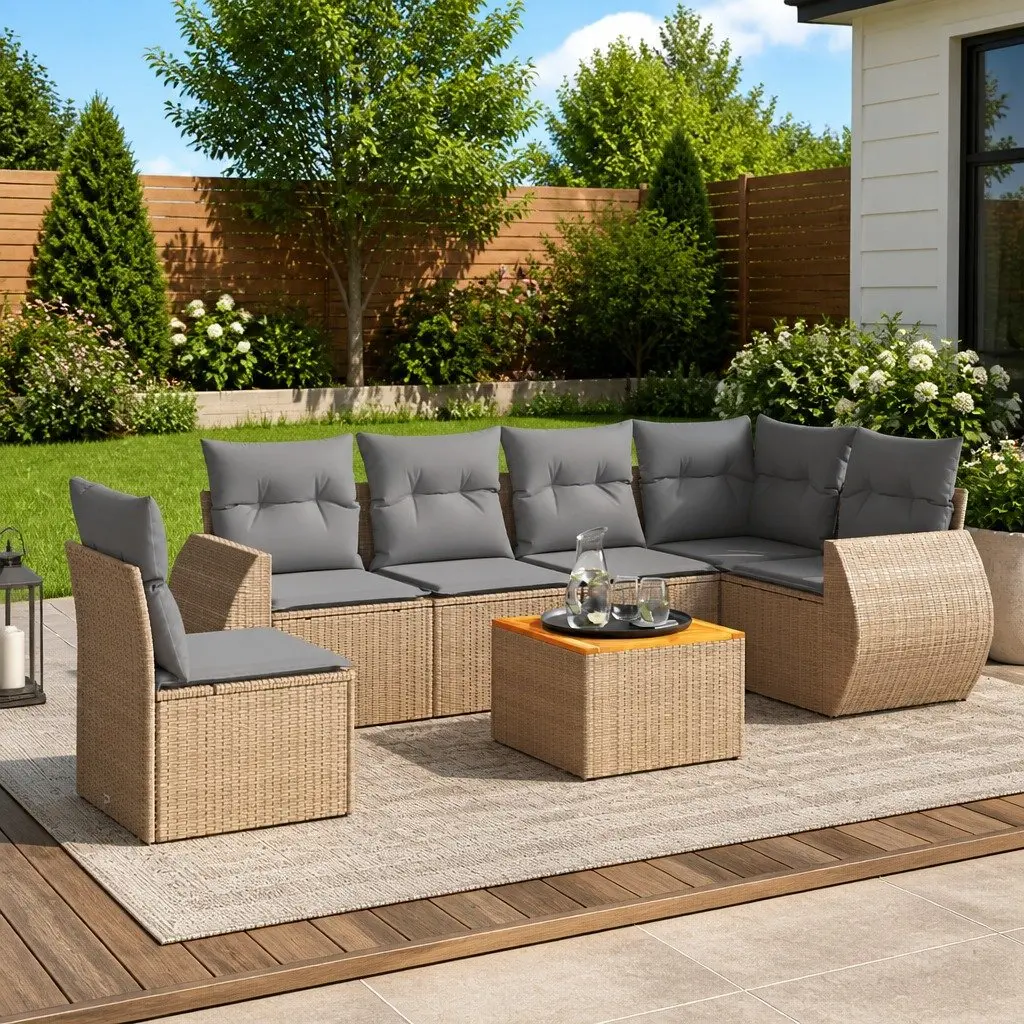 Outdoor Furniture Set 7 Piece Modular Sofa Beige Poly Rattan for Patio Garden