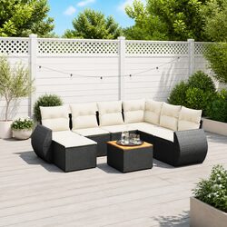 Garden Sofa Set with 8 Pieces, Black Rattan and Acacia Wood