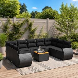 10 Piece Outdoor Garden Sofa Set Black Poly Rattan Patio Furniture with Cushions