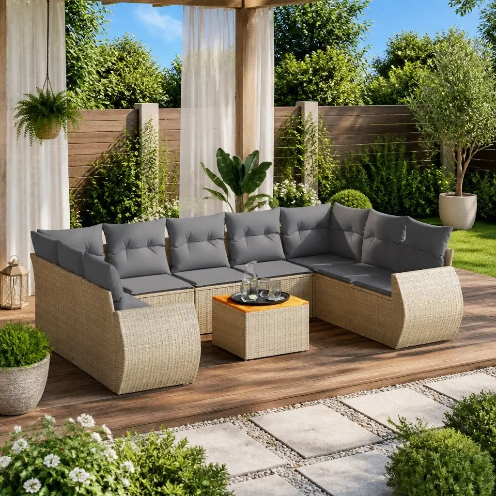 Garden Sofa Set Outdoor Furniture Modular 10 Piece Beige Poly Rattan