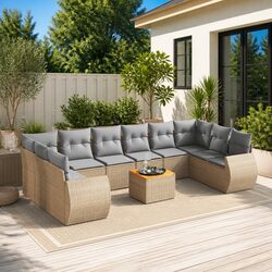 Garden Sofa Set 11 Piece Outdoor Furniture Patio Beige Poly Rattan with Cushions