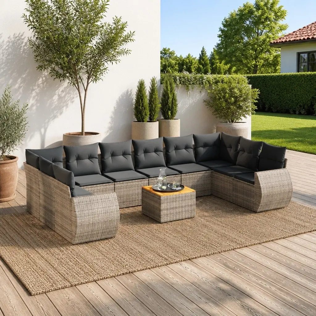 Outdoor Furniture Set 11 Piece Modular Garden Sofa Grey Poly Rattan with Cushions and Acacia Wood Tabletop