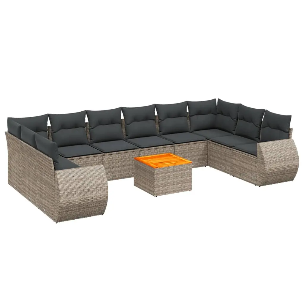 Outdoor Furniture Set 11 Piece Modular Garden Sofa Grey Poly Rattan with Cushions and Acacia Wood Tabletop