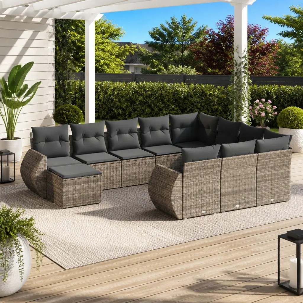 Outdoor Furniture Set 11 Piece Grey Poly Rattan Patio Seating with Cushions and Storage Compartment