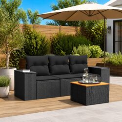 Outdoor Garden Sofa Set 4 Piece Black Poly Rattan Patio Furniture with Cushions