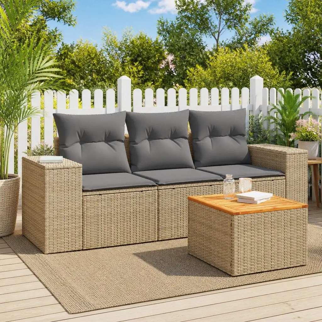 4 Piece Garden Sofa Set Beige Poly Rattan Outdoor Furniture Patio Seating with