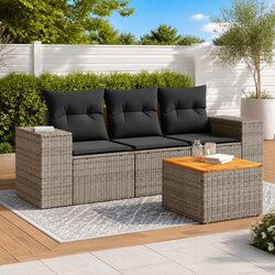 4-Piece Garden Sofa Set - Grey Poly Rattan and Acacia Wood