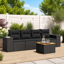 5 Piece Outdoor Sofa Set - Black Poly Rattan & Acacia Wood