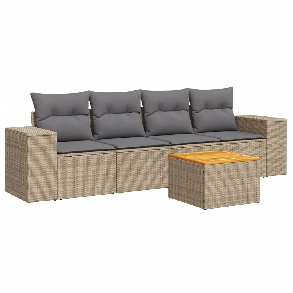 5 Piece Garden Sofa Set Outdoor Furniture Poly Rattan Beige with Cushions Patio