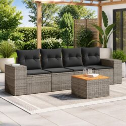 5 Piece Garden Sofa Set Grey Poly Rattan Outdoor Furniture with Storage Cushions