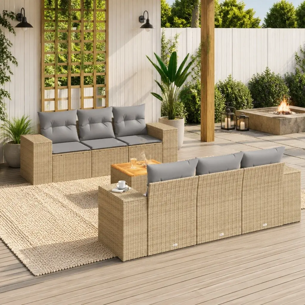 7 Piece Garden Sofa Set Outdoor Furniture Beige Poly Rattan with Cushions