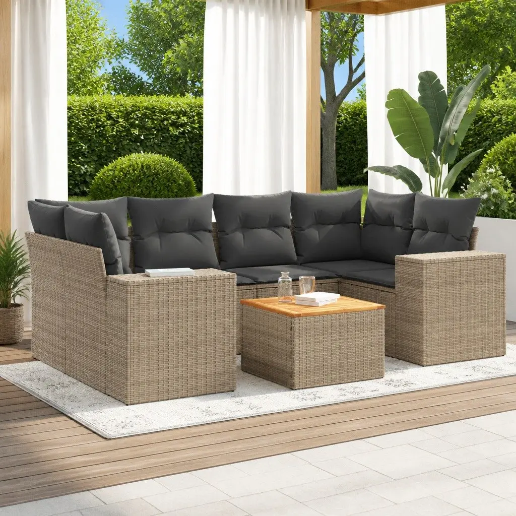 Outdoor Sofa Set 7 Piece Modular Garden Furniture Beige Rattan with Cushions for Patio