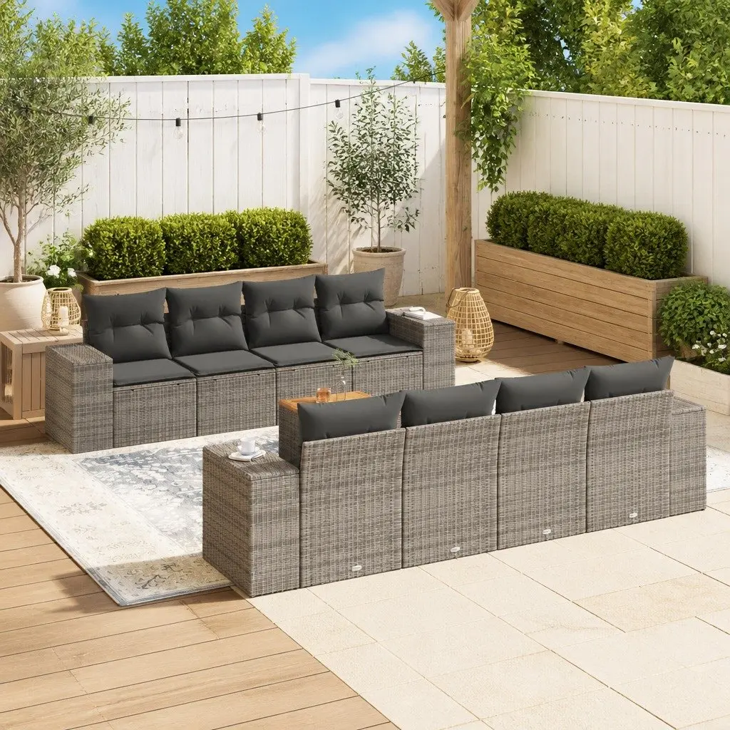 9-Piece Grey Poly Rattan Garden Sofa Set