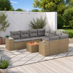 9 Piece Outdoor Sofa Set: Beige Poly Rattan with Acacia Table