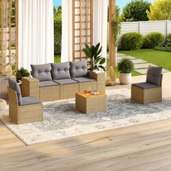 6-Piece Garden Sofa Set: Beige Poly Rattan and Acacia Wood