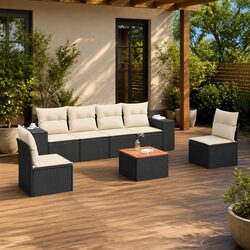7 Piece Garden Sofa Set Specs: Black Poly Rattan & Acacia