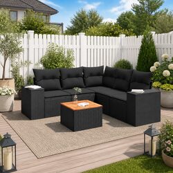 6 Piece Garden Sofa Set Outdoor Furniture Black Poly Rattan with Storage