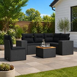 6 Piece Garden Sofa Set with Storage Cushions Outdoor Patio Black Poly Rattan
