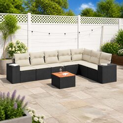 8 Piece Garden Sofa Set: Black Poly Rattan, Acacia Wood