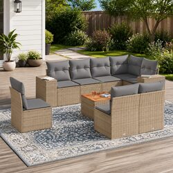 9 Piece Garden Sofa Set Outdoor Furniture Beige Poly Rattan Patio Lounge with