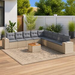 10 Piece Garden Sofa Set with Cushions Beige Poly Rattan Outdoor Furniture