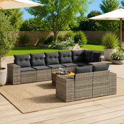 9 Piece Grey Garden Sofa Set - PE Rattan & Acacia Wood