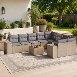 Garden Sofa Set: 10 Pieces, Beige, PE Rattan, Acacia Wood