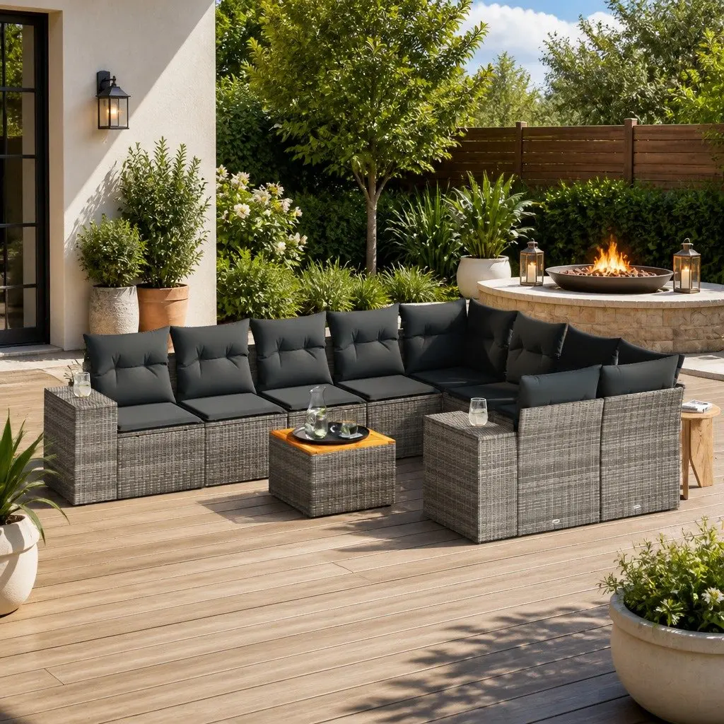 10 Piece Grey Rattan Patio Sofa Set for Outdoor Use with Cushions and Storage Compartments