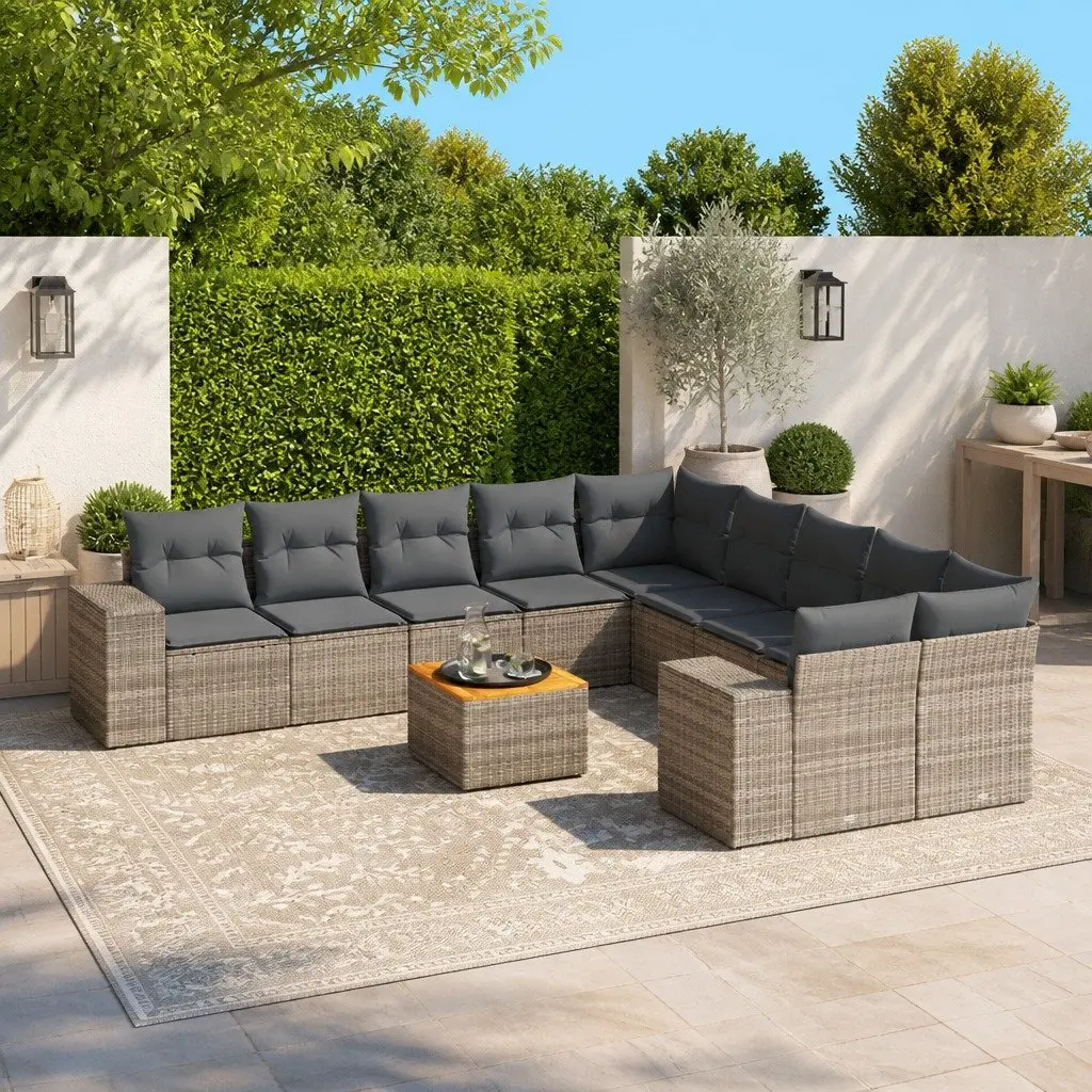 Outdoor Furniture Set 11 Piece Grey Poly Rattan Patio Sofa with Acacia Wood Tabletop and Storage Function