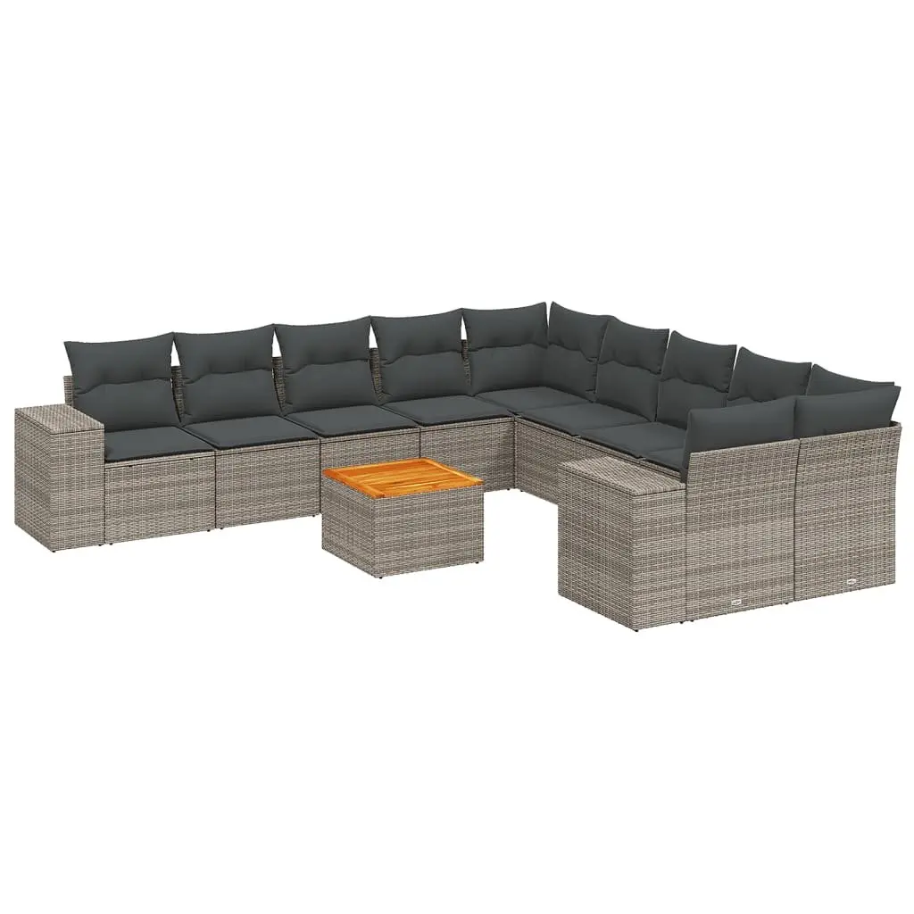 Outdoor Furniture Set 11 Piece Grey Poly Rattan Patio Sofa with Acacia Wood Tabletop and Storage Function