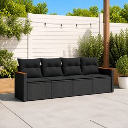 Outdoor Garden Sofa Set 4 Piece Black Poly Rattan Patio Furniture with Cushions