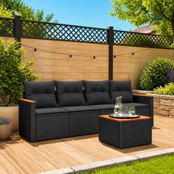 Garden Sofa Set 5 Piece Black PE Rattan Patio Furniture with Storage Cushions