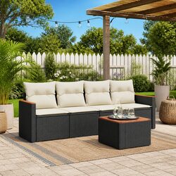 5 Piece Black Poly Rattan Garden Sofa Set with Acacia Top
