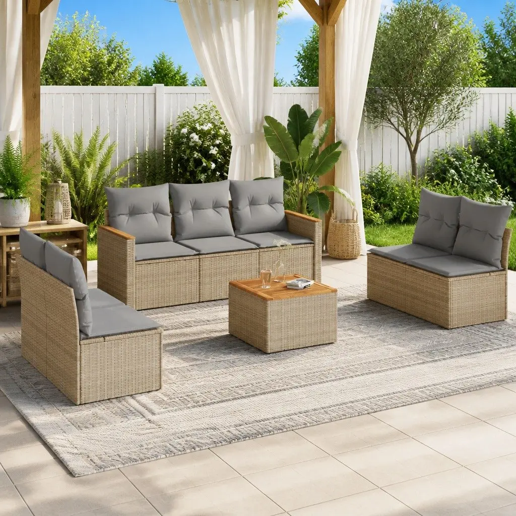 Garden Sofa Set 8 Piece Outdoor Patio Furniture Beige Poly Rattan with Cushions