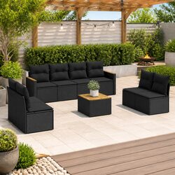 Outdoor Garden Sofa Set 9 Piece Poly Rattan Patio Furniture with Cushions Black