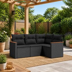 Garden Sofa Set 4 Piece Outdoor Furniture Black Poly Rattan with Cushions