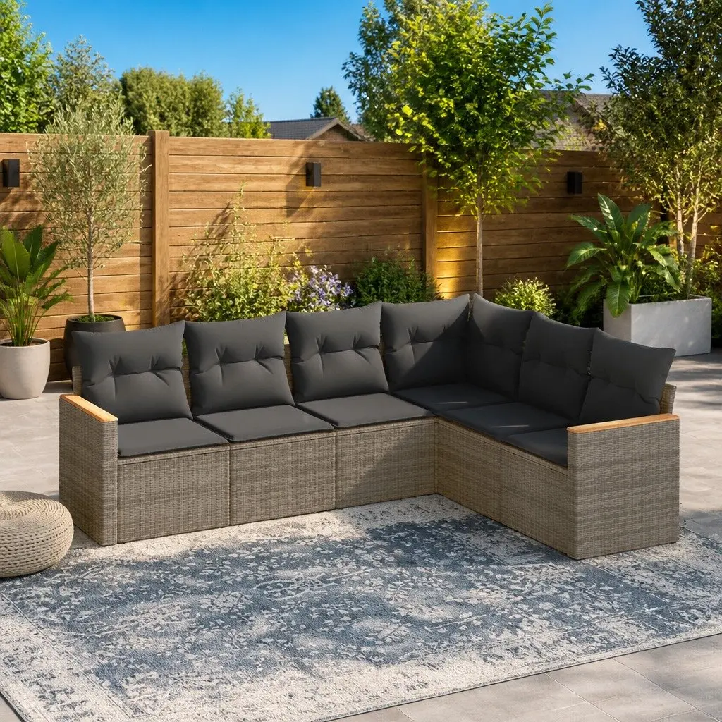 Garden Sofa Set Outdoor Furniture 6 Piece Grey Poly Rattan with Cushions
