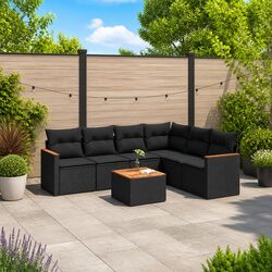 7-Piece Garden Sofa Set: Black Poly Rattan & Acacia Top