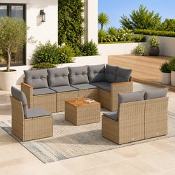 Garden Sofa Set 9 Piece Outdoor Furniture Beige Rattan Patio Sectional with